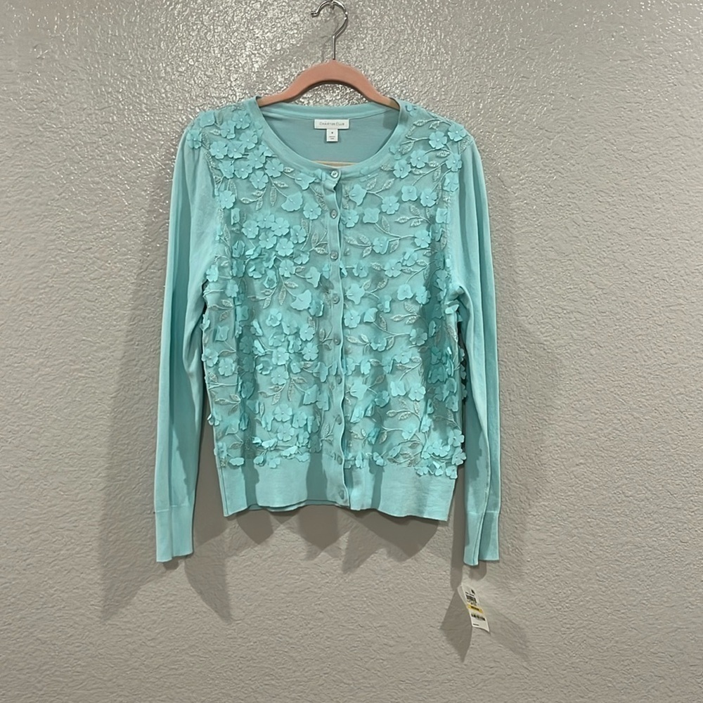 Charter Club Floral-Appliqué Cardigan Size Medium mint Aqua